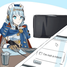 a drawing of a girl sitting at a desk with a computer and a submit button