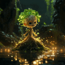 a cartoon character with roots and leaves on it 's head