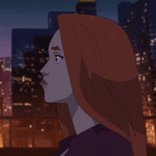a cartoon of a woman with red hair and a city in the background