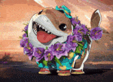 a cartoon shark wearing a hawaiian shirt with purple flowers