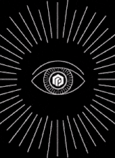 a black and white drawing of an all seeing eye surrounded by rays .