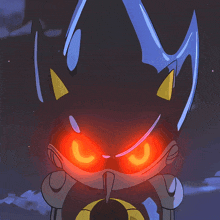 a close up of a cartoon character with red eyes and yellow horns