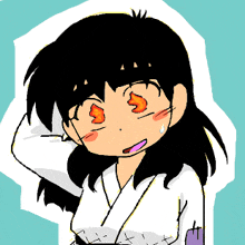 a cartoon drawing of a girl with a flame in her eyes