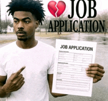 a man holding a job application with a broken heart behind him