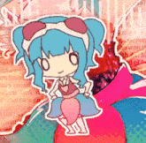 a drawing of a girl with blue hair sitting on a balloon