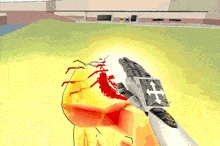 a computer generated image of a person 's arm with blood and a cross on it
