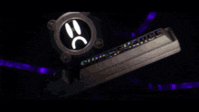a purple light is shining through a hole in a dark room .