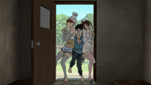 a group of people standing in a doorway with one wearing sunglasses