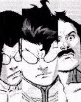 a black and white drawing of three men with glasses and mustaches