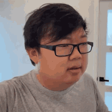 a young man wearing glasses and a gray shirt is looking at the camera