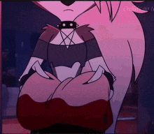 a cartoon character with a pentagram on her neck is sitting in a dark room .