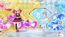 two anime girls are dancing in front of a stage with hearts and diamonds