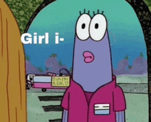 a cartoon character says girl i in front of a bikini reality sign