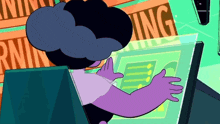 a cartoon character is looking at a computer screen with a warning sign behind her .