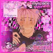 a picture of a boy with pink hair and a skeleton on his face with the words " you 're so scene " on the bottom