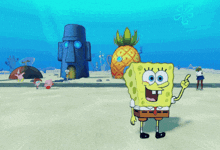 a cartoon character named spongebob is standing in front of a giant pineapple