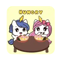 two unicorns are sitting at a table with bowls of food and the word hungry on the bottom