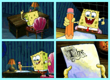 a cartoon of spongebob holding a pencil and writing the word the