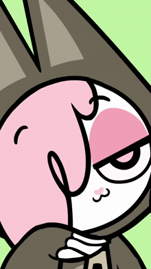 a cartoon drawing of a person with pink hair and a hood