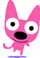 a pink cat with white eyes and a black nose is standing on a white background .