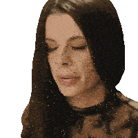 a woman with long dark hair is wearing a black top