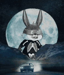 a skeleton bunny is flying over a car with a full moon behind it