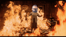 a cartoon of a man with a beard standing in front of a fire with the caption francois rolland truffaut
