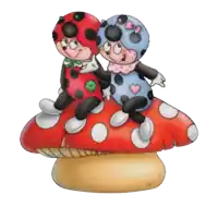 two ladybugs sitting on top of a red polka dot mushroom