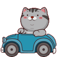 a cartoon cat is driving a small blue toy car