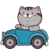 a cartoon cat is driving a small blue toy car