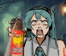 a drawing of hatsune miku holding a bottle of raid