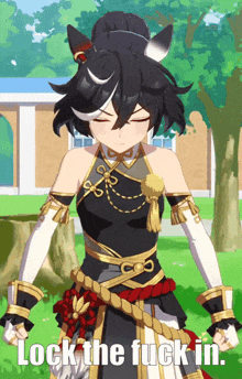 a girl in a black and gold outfit with the words lock the fuck in below her