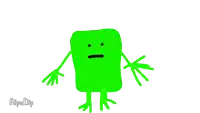 a drawing of a green monster with a surprised look on its face .