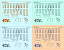 four drawings of a building with the letters cdc on the bottom