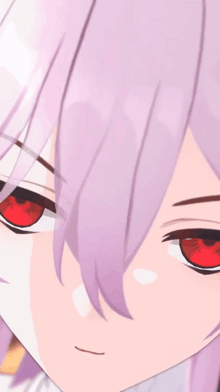 a close up of a girl 's face with purple hair and red eyes
