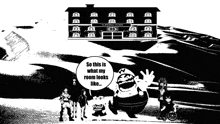 a black and white drawing of a group of people standing in front of a building that says sleeping house