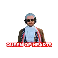 a man holding a playing card with queen of hearts written on the bottom