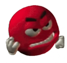 a red smiley face is making a funny face with his hands .
