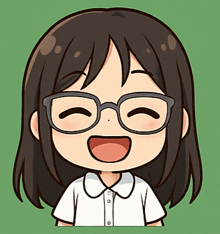 a cartoon girl wearing glasses and a white shirt is smiling
