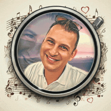 a man in a white shirt is surrounded by musical notes