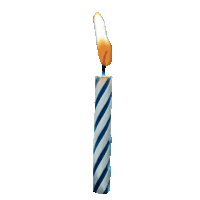 a blue and white striped birthday candle with a yellow flame