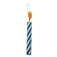 a blue and white striped birthday candle with a yellow flame