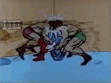 a cartoon of three men wrestling in a room with a ladder in the background .