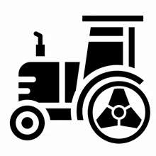 a black and white icon of a tractor with a nuclear symbol on the front wheel