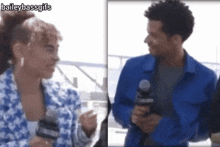 a man and a woman are talking into microphones with the caption baileybassgifs