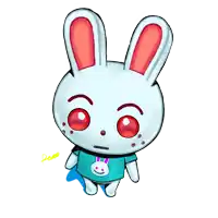 a drawing of a rabbit with a blue shirt and red ears