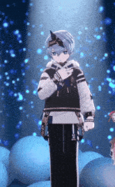 a blue haired anime character stands in front of a blue background