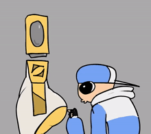 a cartoon of a man in a blue and white jacket looking at a yellow object