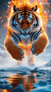 a tiger is jumping over a body of water with flames coming out of its mouth .