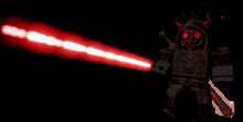 a cartoon character with horns is holding a red light sword